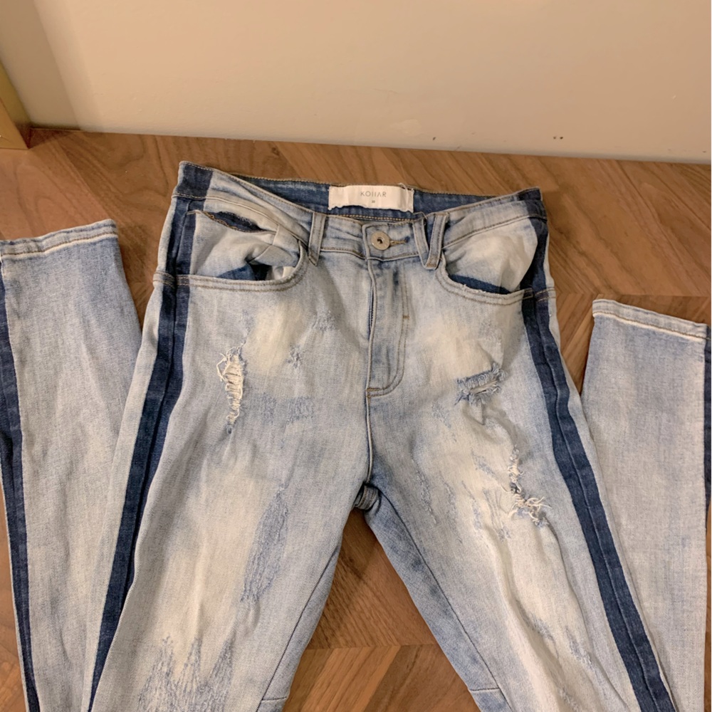 KOLLAR stripe denim waist size 30 mid blue color.